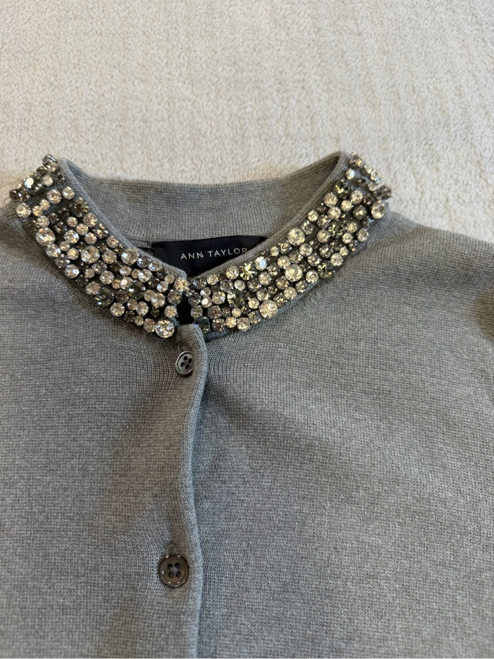 Ann Taylor Embellished Crystal Collar Cardigan ✨ Gray Glam Sweater Small
